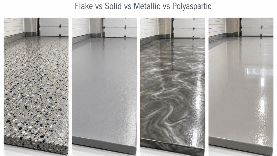 comparison of solid epoxy, flake epoxy, metallic epoxy, and polyaspartic garage floor coatings
