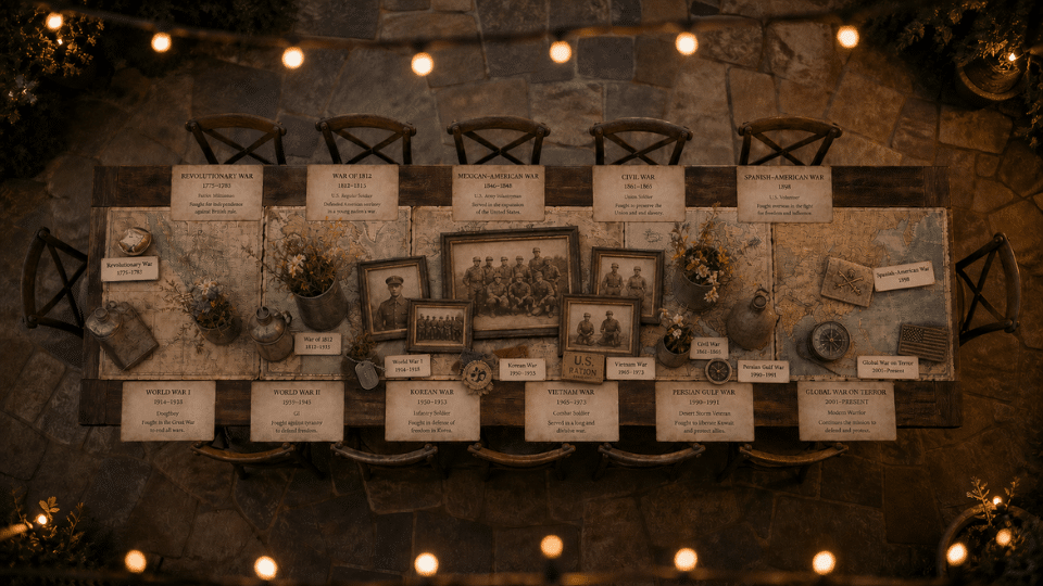 complete map table with artifacts labels vases photos and place cards top down patio dusk