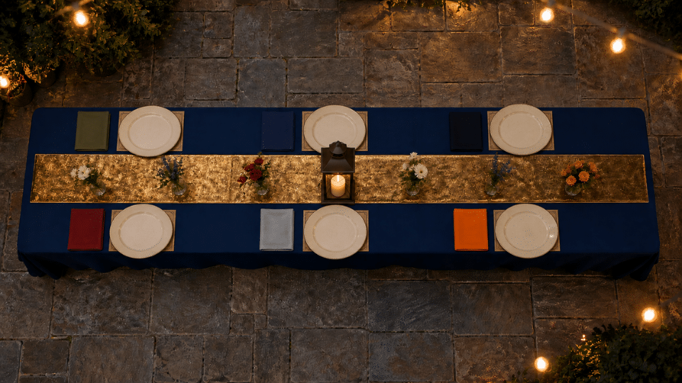 complete table with plates over hidden cards lantern flowers napkins and place cards top down
