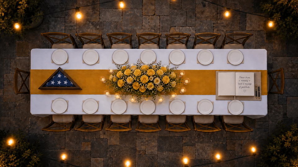 complete tribute table with quote frame flag roses candles and book patio dusk top down