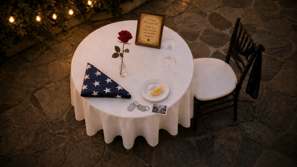 complete tribute table with rose flag lemon salt glass tags and ribbon chair on patio dusk