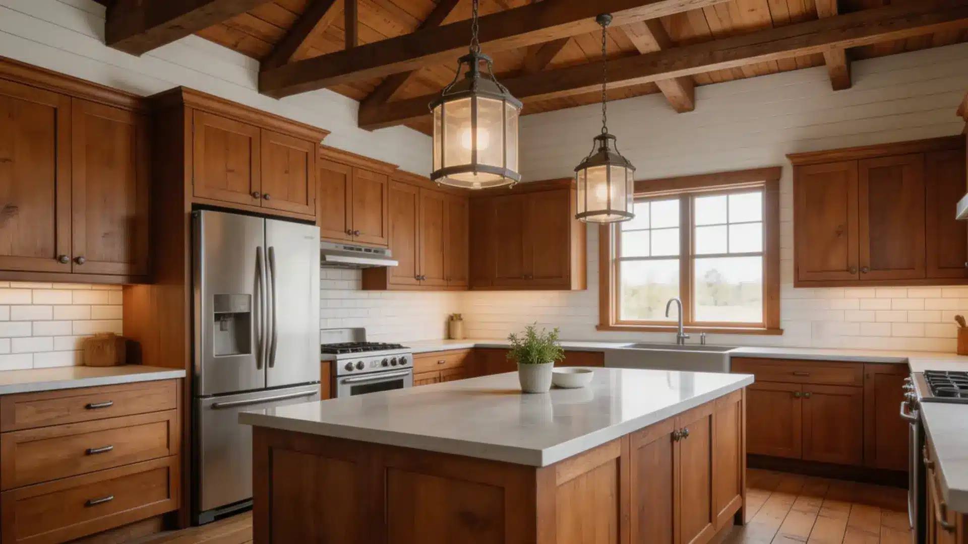 countertops having a clean, sleek appearance, with modern finishes that contrast with rustic wood cabinetry