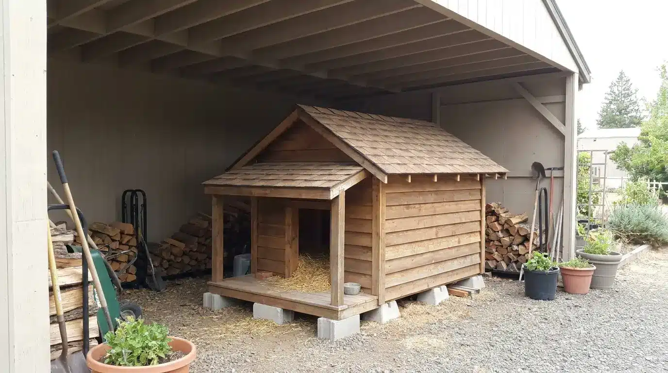 covered porch cat shelter placed in a dry corner with raised base for safer outdoor resting space in rain