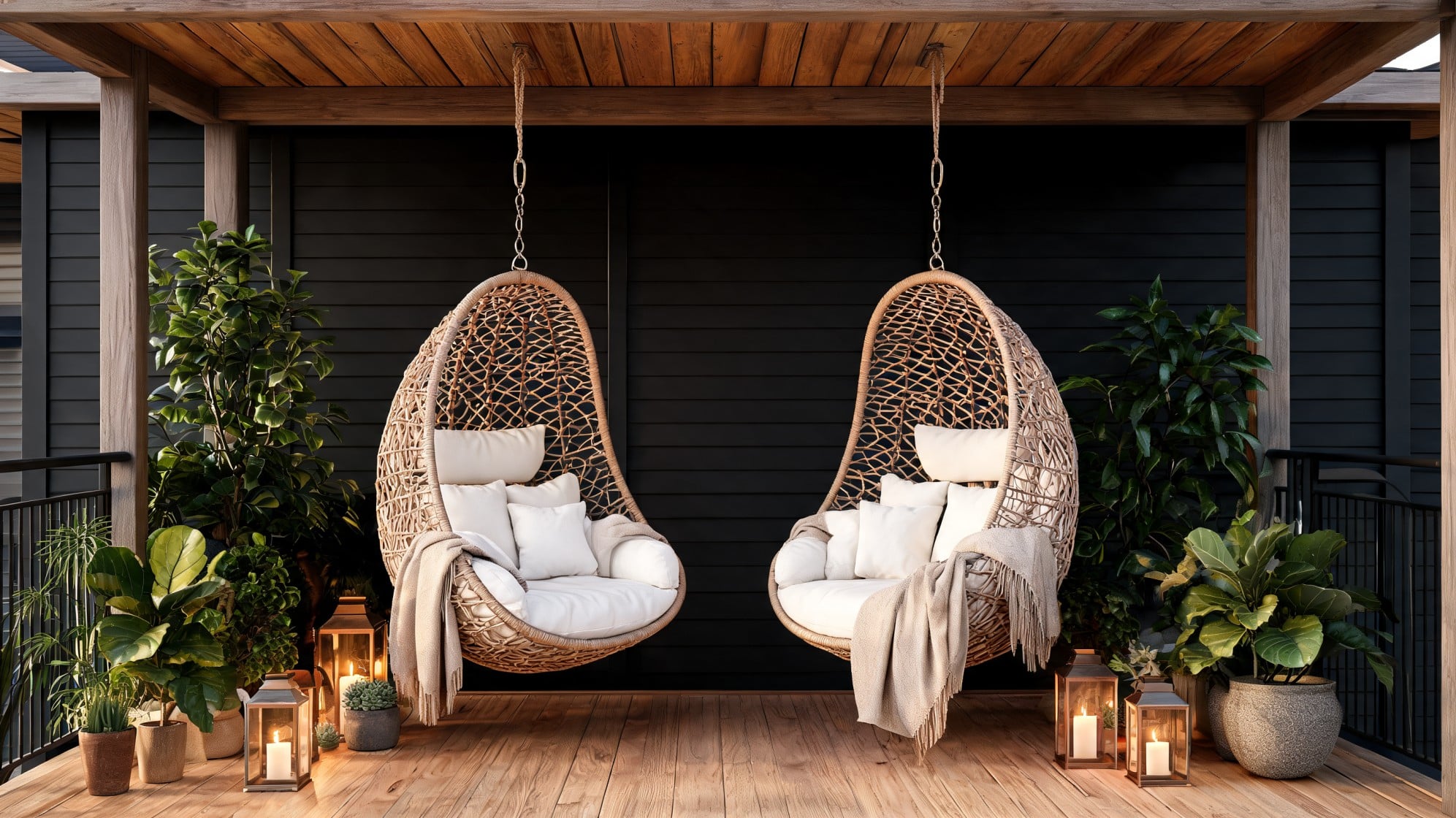 Covered deck with two hanging egg chairs, pillows, and plants