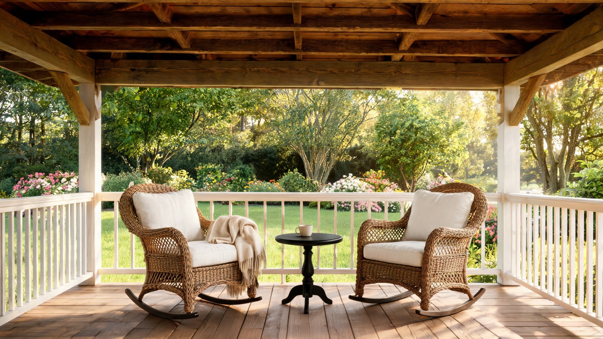 Covered porch with two wicker rocking chairs and a small black side table