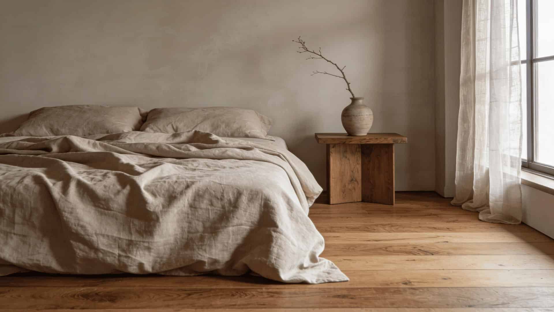 cozy bedroom with greige walls and medium warm oak hardwood floors with neutral linen bedding and soft natural light