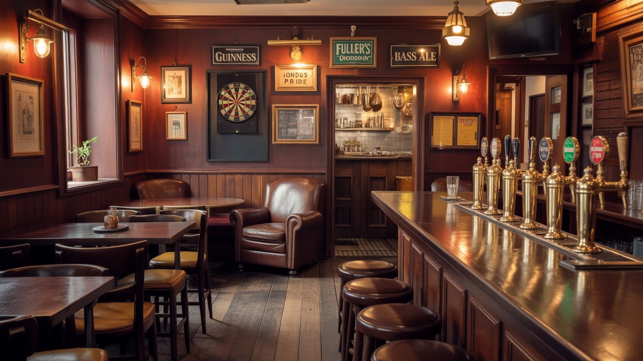 cozy english pub interior with dark wood bar, brass beer taps, leather chairs, dartboard, and warm lighting