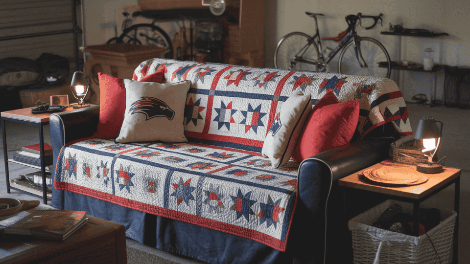 cozy garage seating with pillows, blankets and small decor items