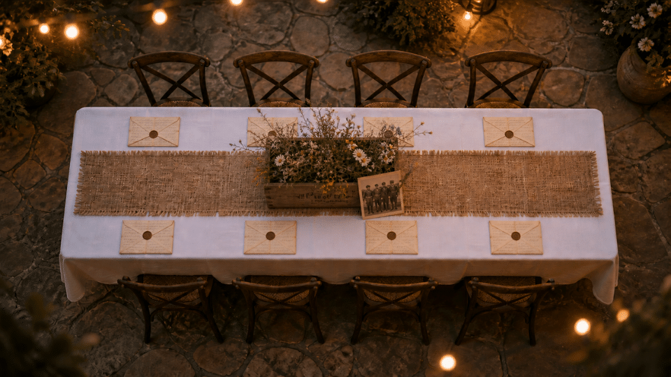crate with wildflowers and small black white photo on burlap runner letters at each seat