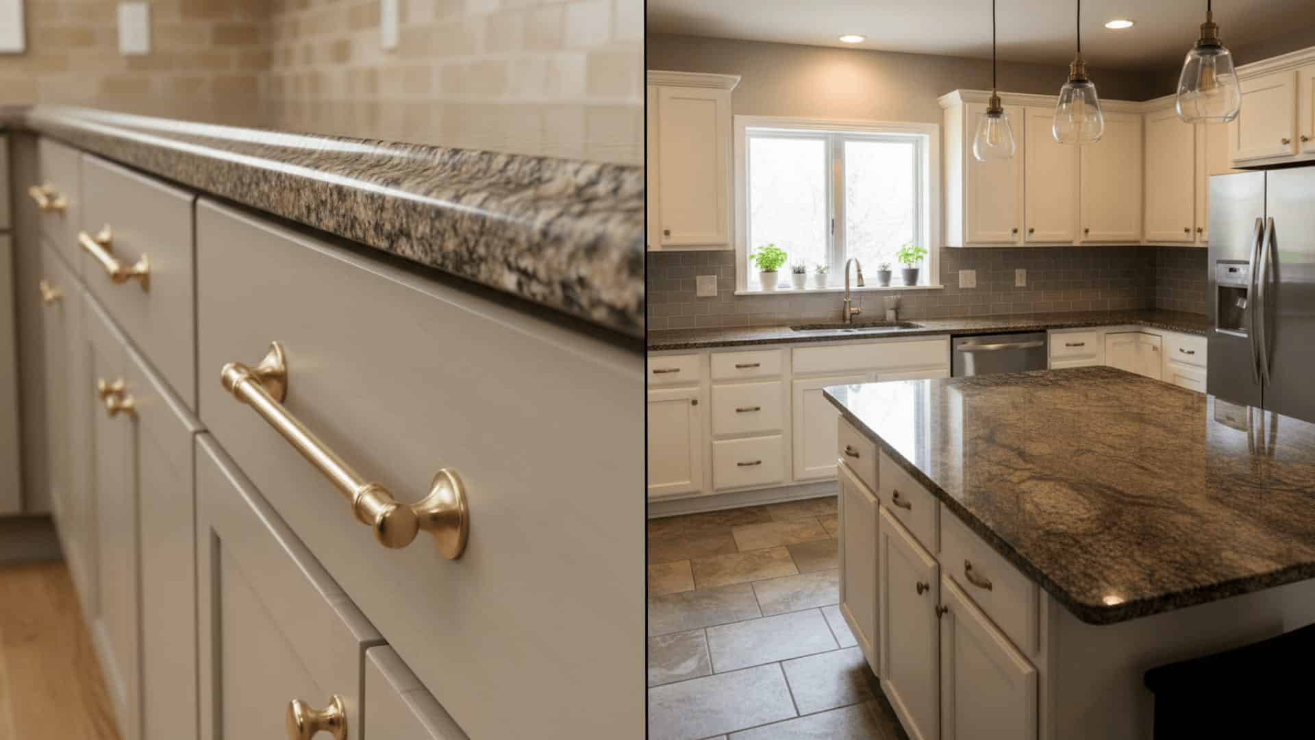 cream cabinets with brown granite countertops featuring brass hardware and gray subway tile backsplash detail (1)
