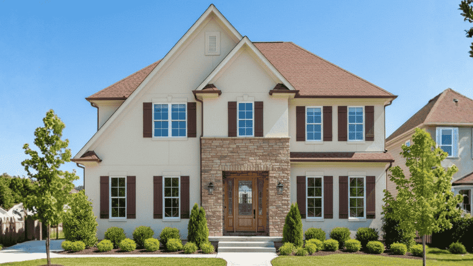 Cream exterior with reddish brown roof, white trim, dark shutters, and stone entry creating a warm, inviting look
