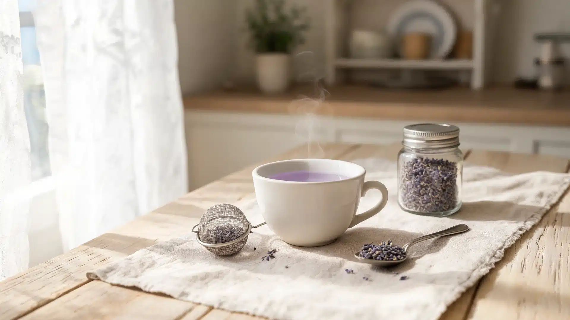 cup of lavender tea beside dried buds on rustic wooden table