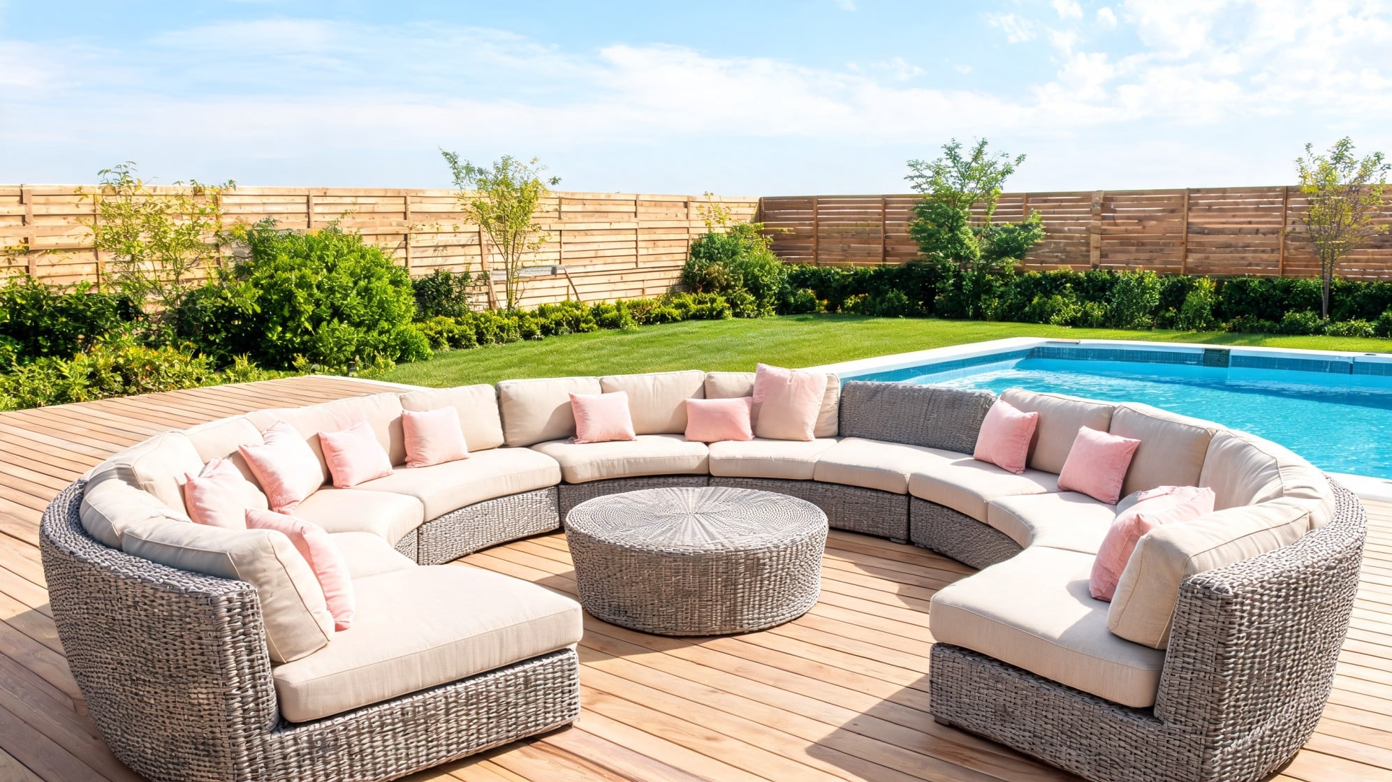 Curved wicker outdoor sectional sofa with beige cushions beside a pool
