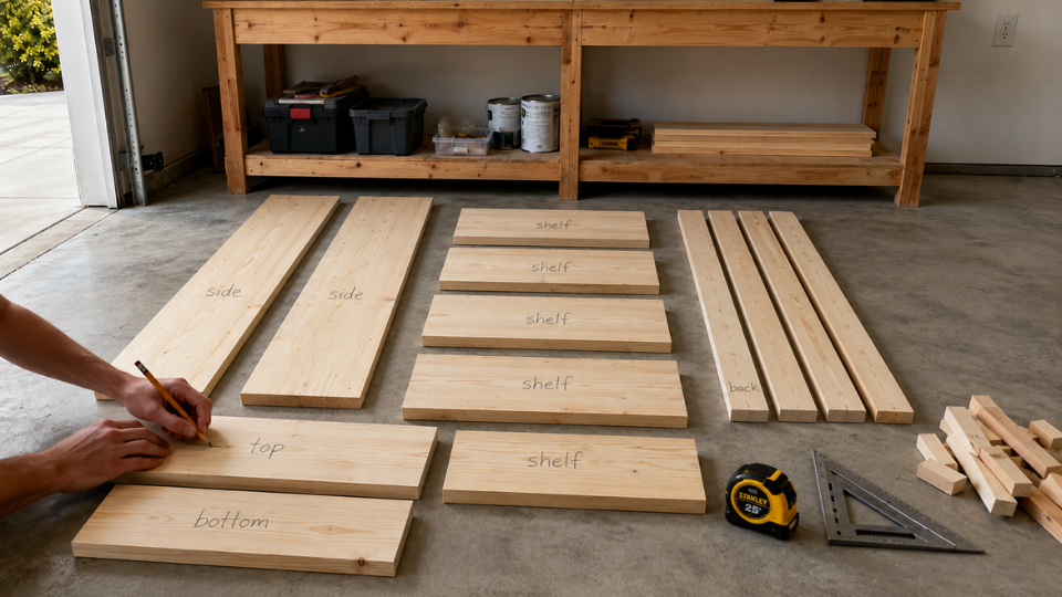 cut pine boards and plywood back panel labeled for a beginner diy bookshelf build