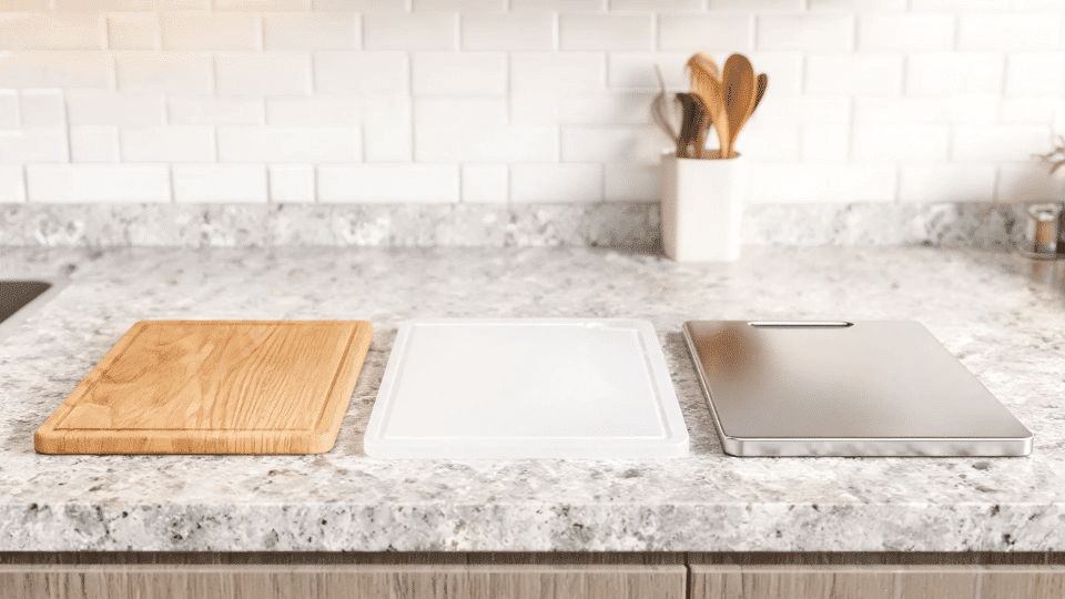 cutting boards in clean and pristine state kept on a kitchen counter that have been disinfected properly