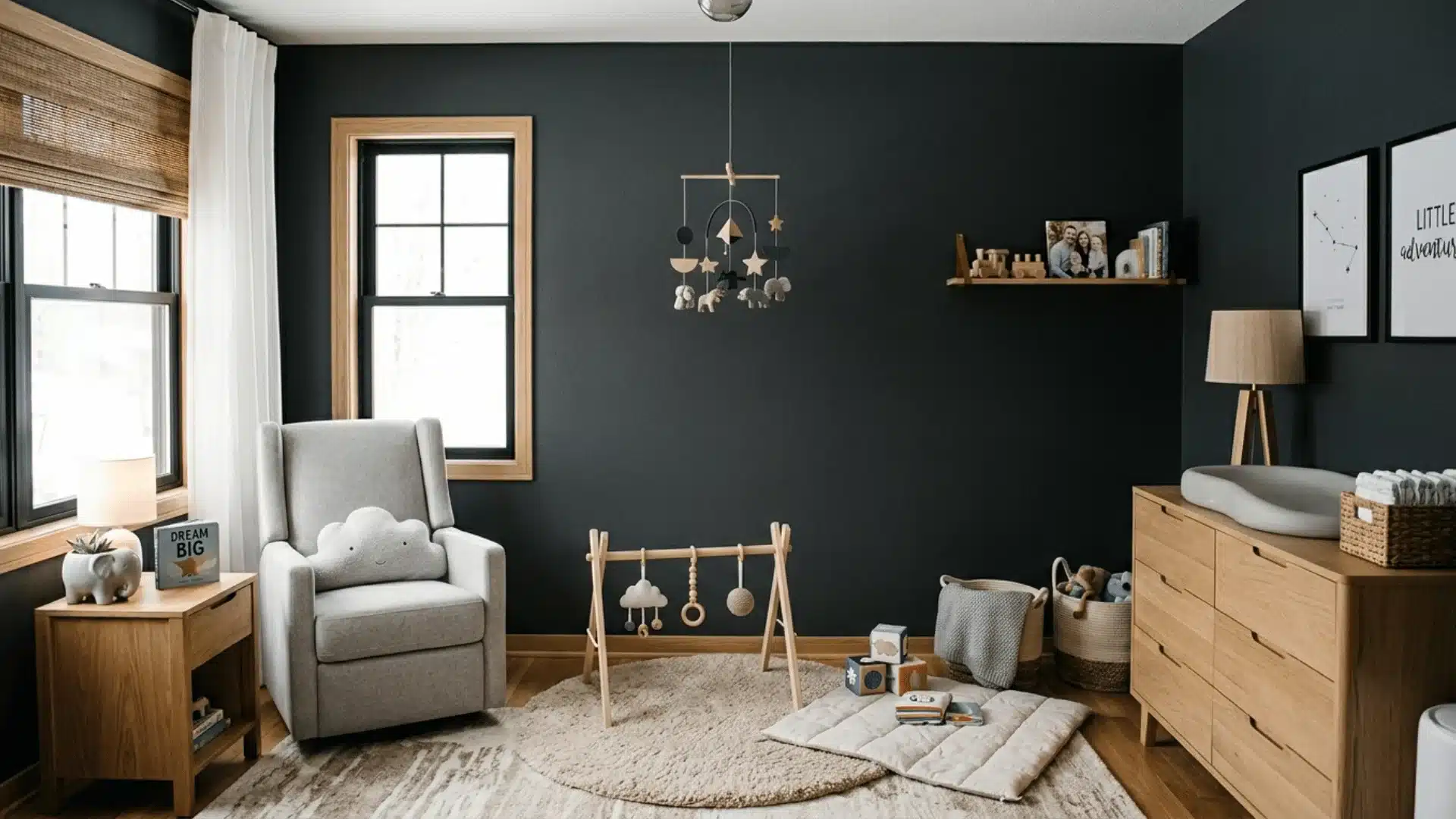 dark charcoal bedroom for your baby boy, designed with a sleek, modern touch and a dramatic