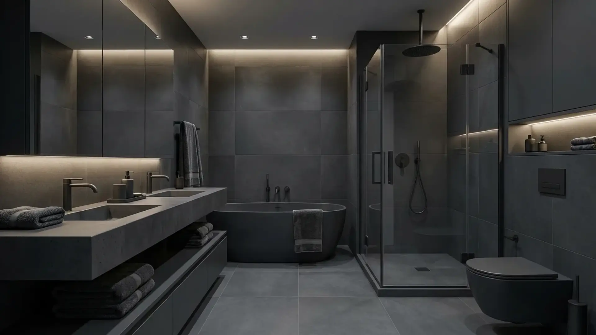 dark monochromatic bathroom with a black freestanding tub and floating vanity featuring inkwell in the bathroom