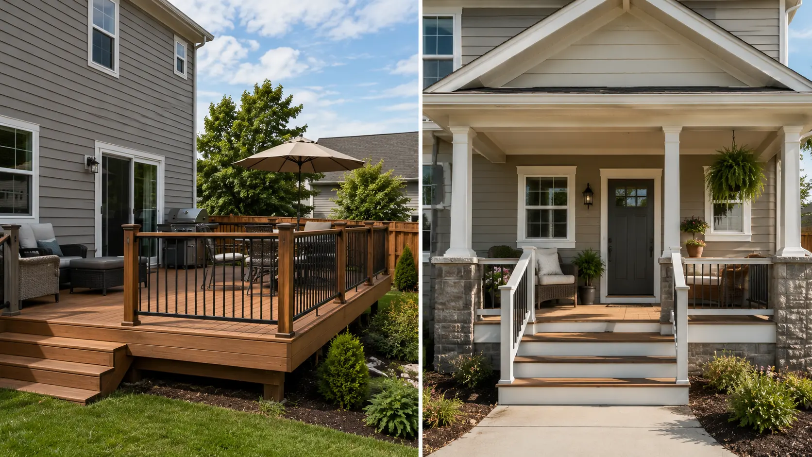 side-by-side outdoor space showing an open deck and covered porch on a suburban home