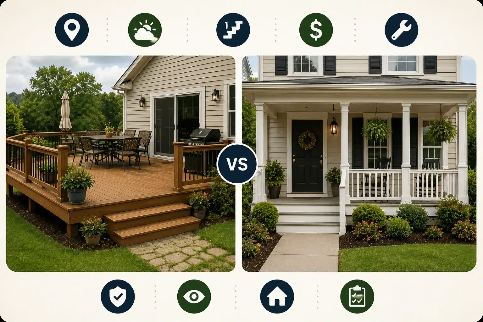 deck vs porch comparison with outdoor icons