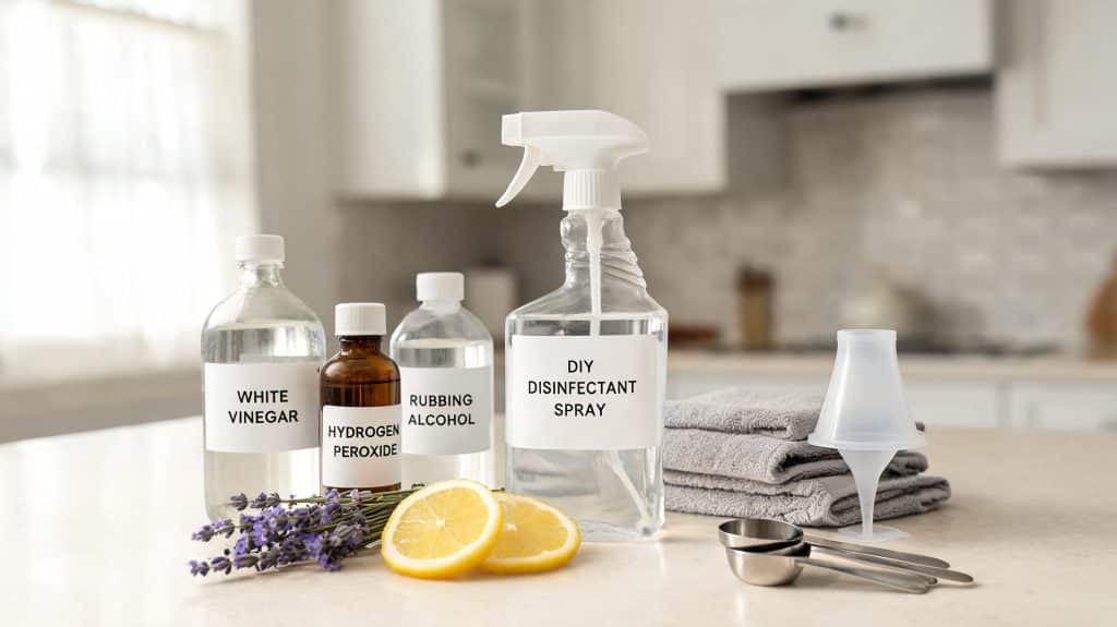 diy disinfectant spray ingredients on a clean kitchen counter