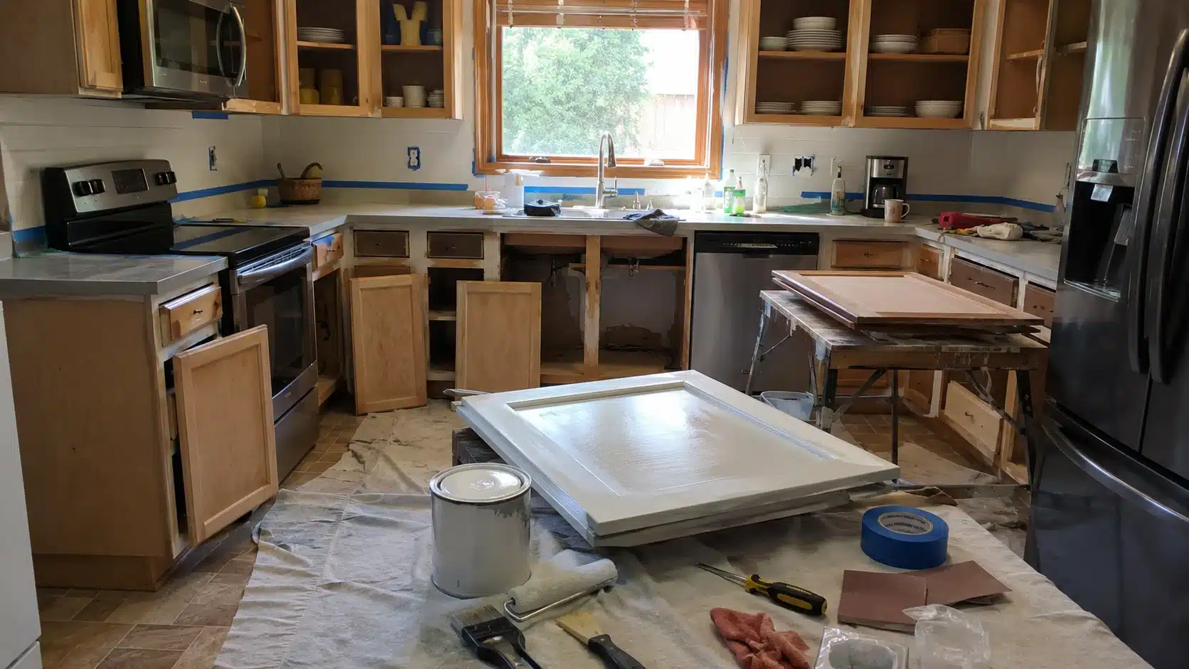 diy kitchen cabinet refinishing scene with doors, tools, and paint