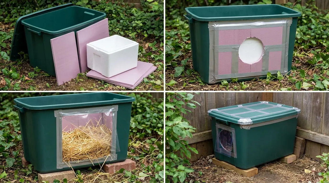 diy outdoor cat shelter made from a large plastic bin with insulation, straw bedding, door flap, raised base, and dry quiet placement