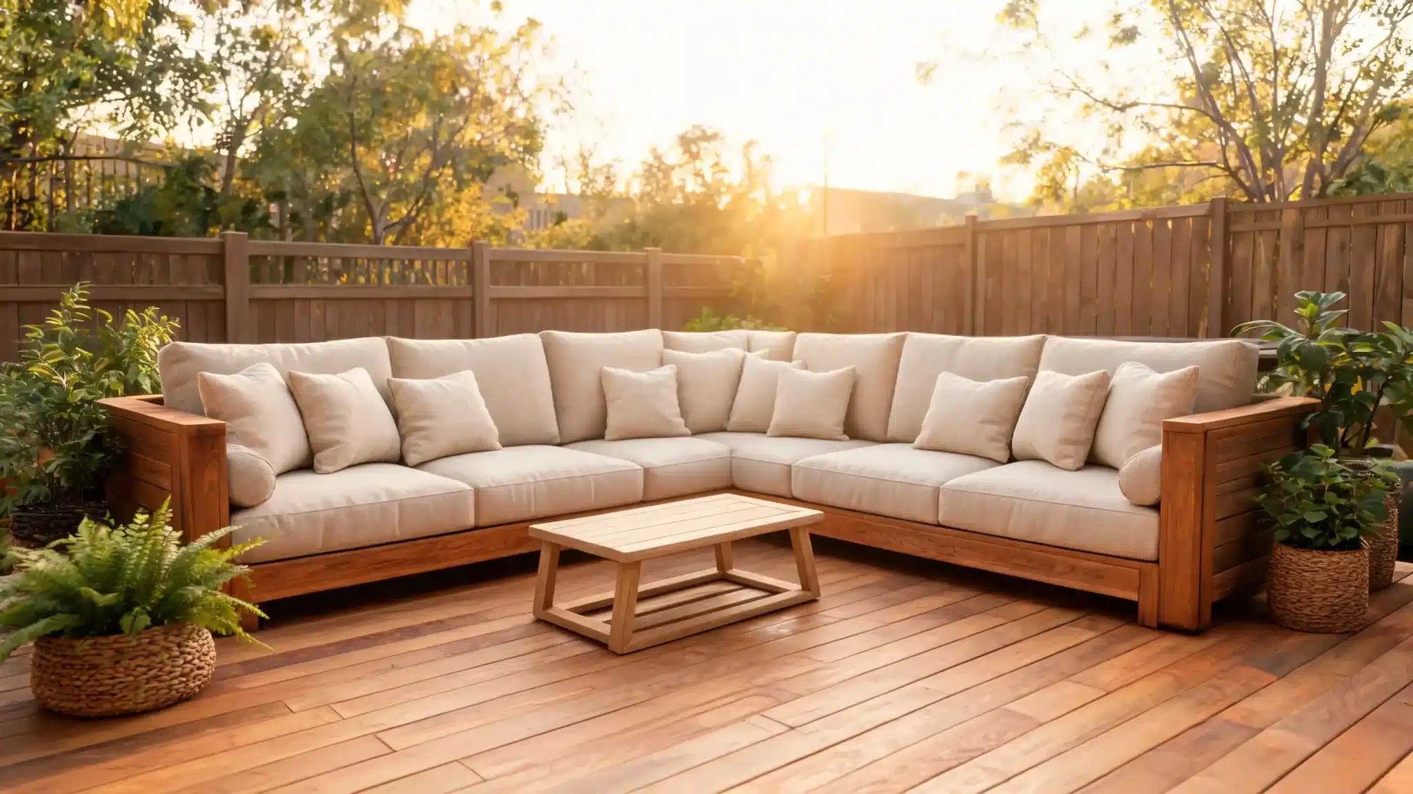 finished diy outdoor sectional with cedar frame and neutral cushions on a cozy backyard patio