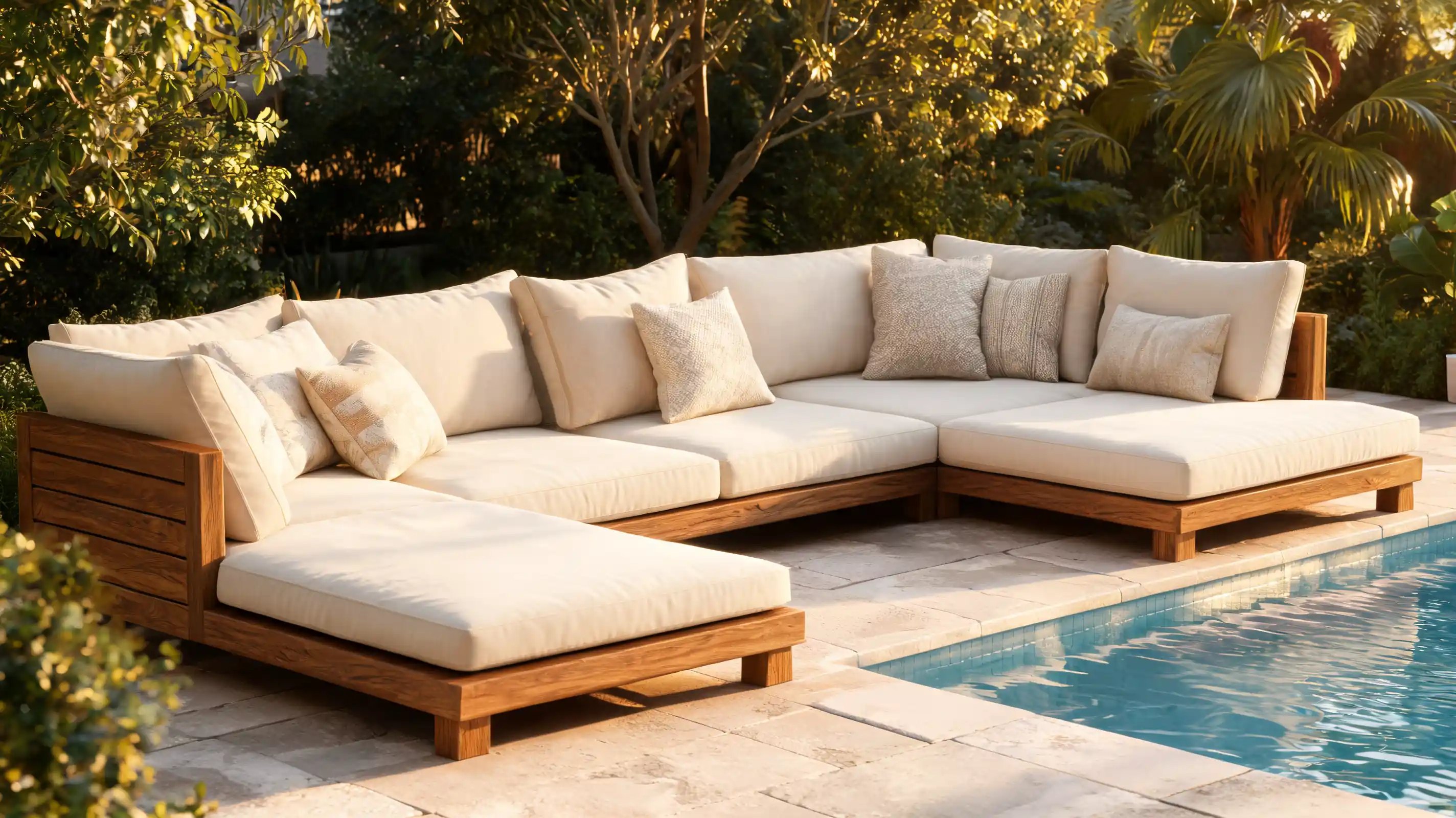 wooden outdoor sectional with chaise lounge side and thick cushions near a garden