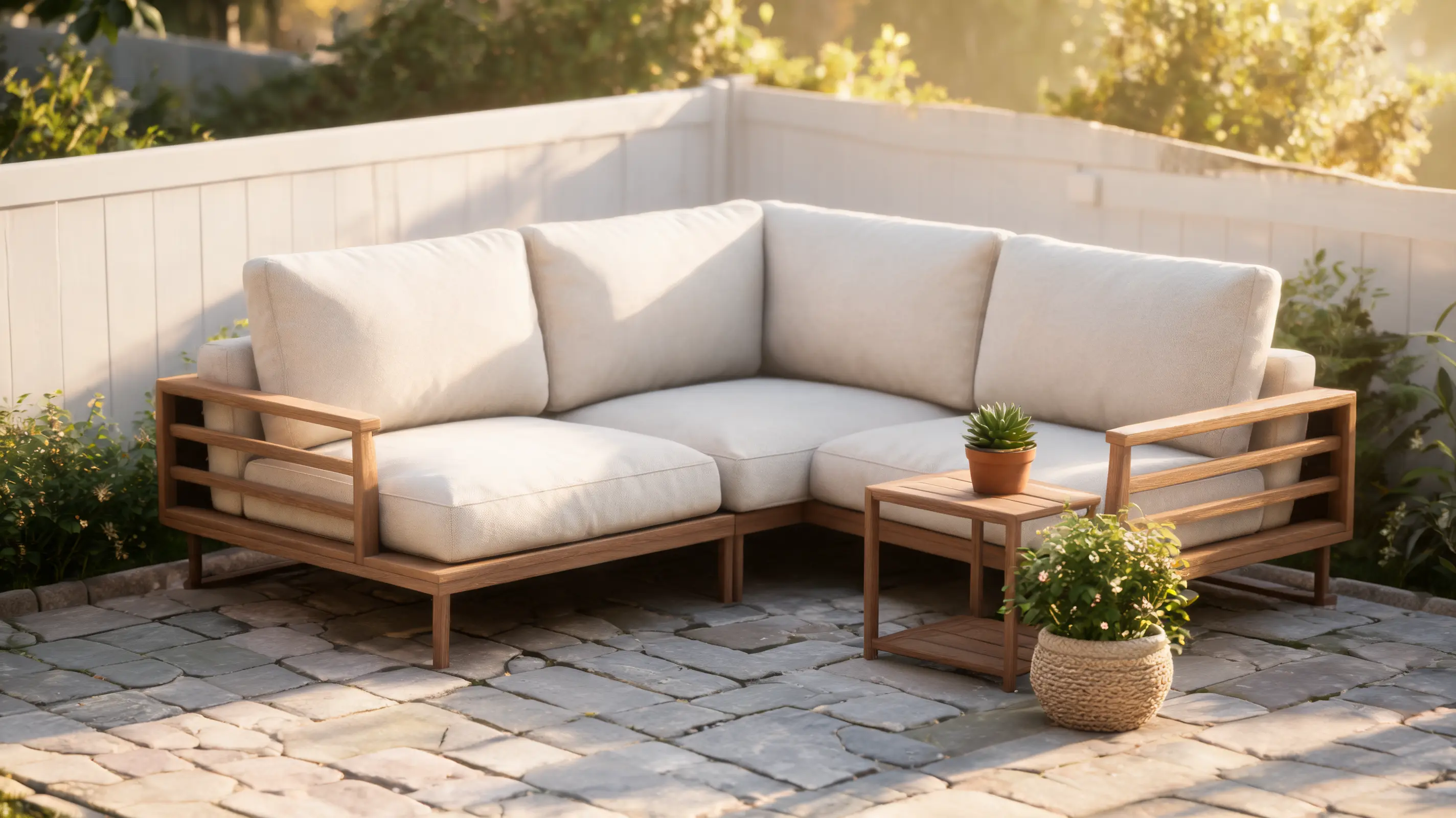 compact small patio sectional with slim arms light cushions and a side table