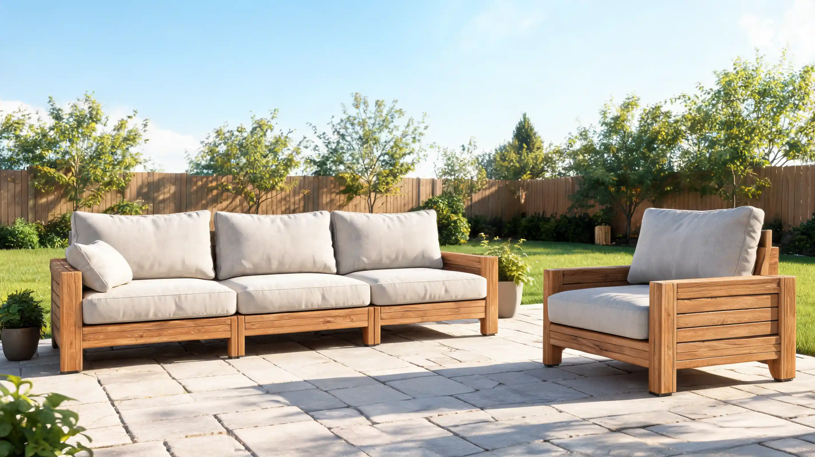 modular outdoor sectional pieces arranged as movable patio seating with cushions