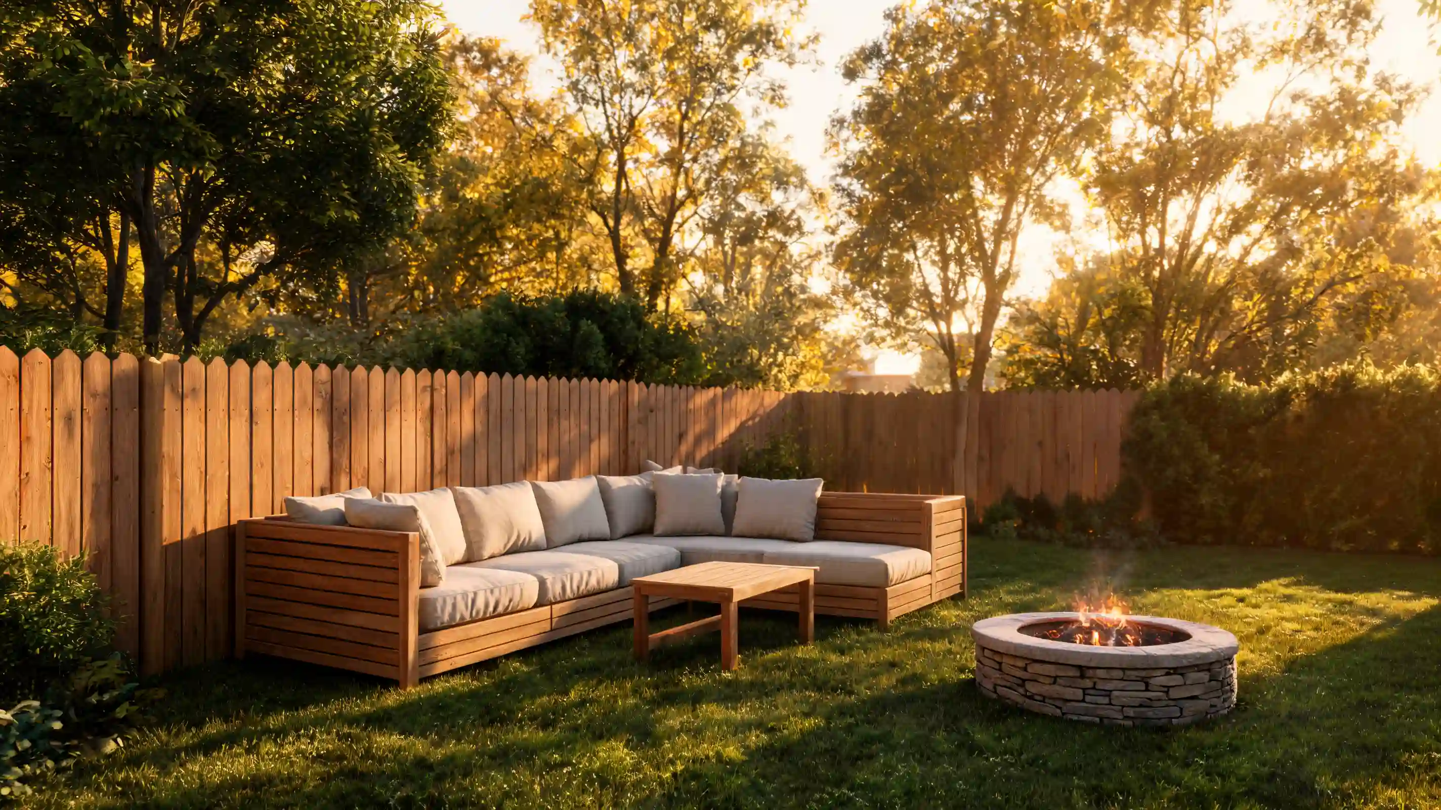 L-shaped cedar outdoor sectional in a backyard corner with cushions and coffee table