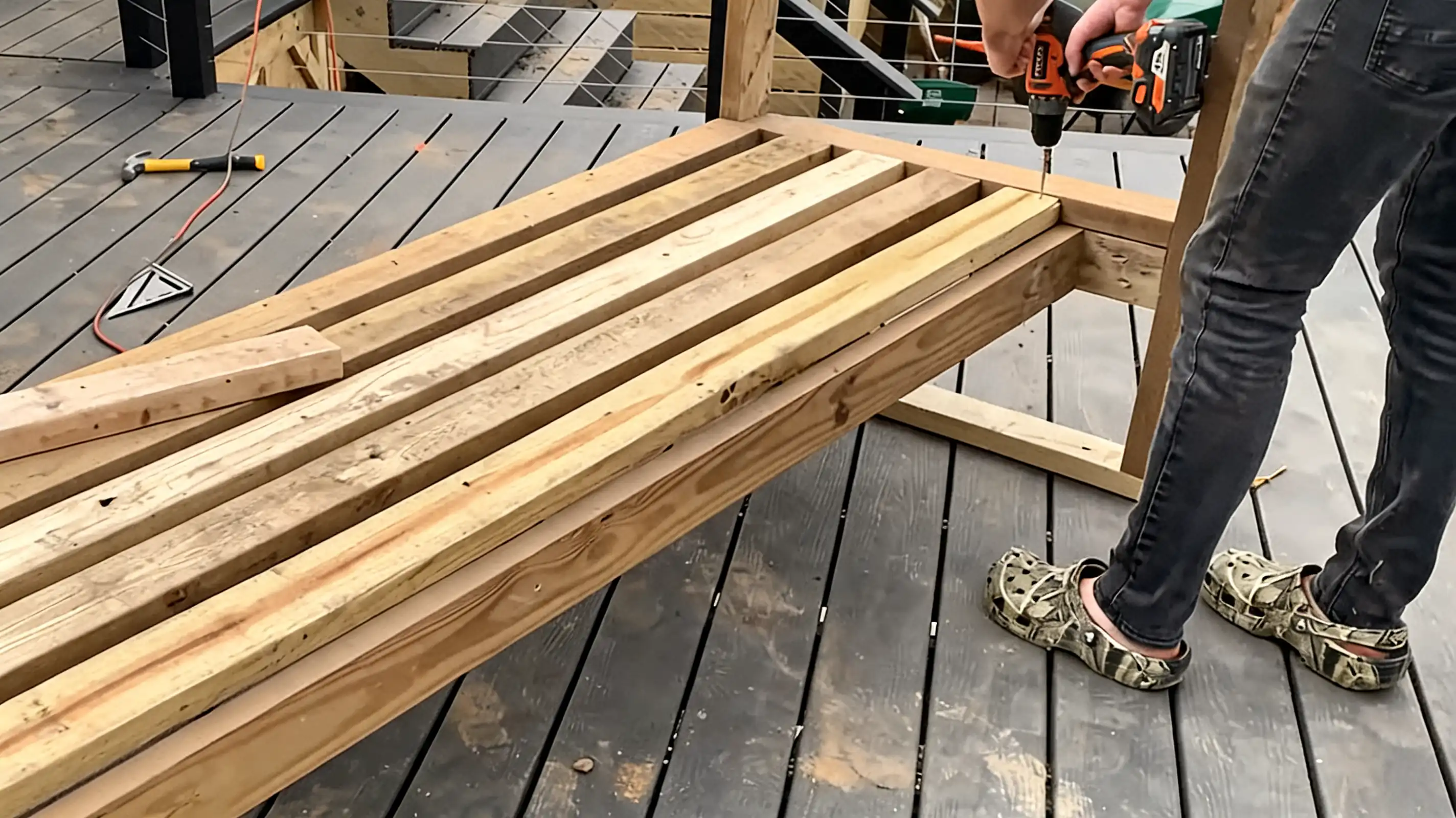 seat boards being installed on a wooden outdoor sectional frame