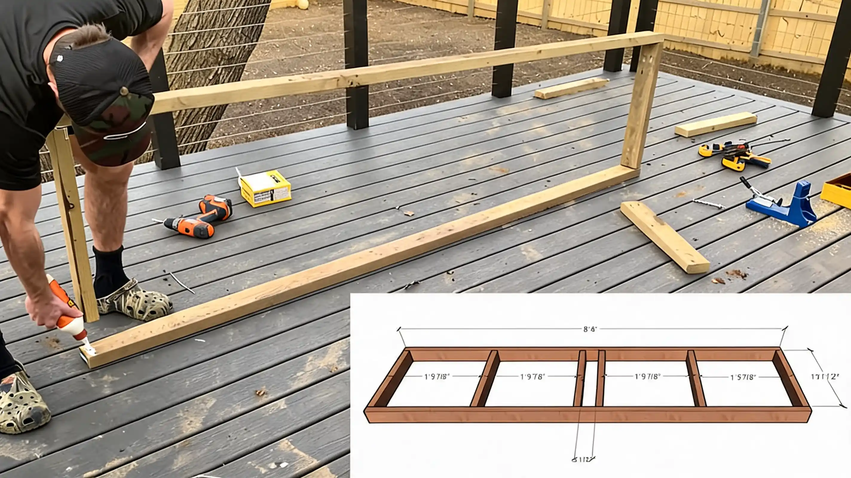 person assembling a wooden outdoor sectional frame on a deck with tools and a build diagram