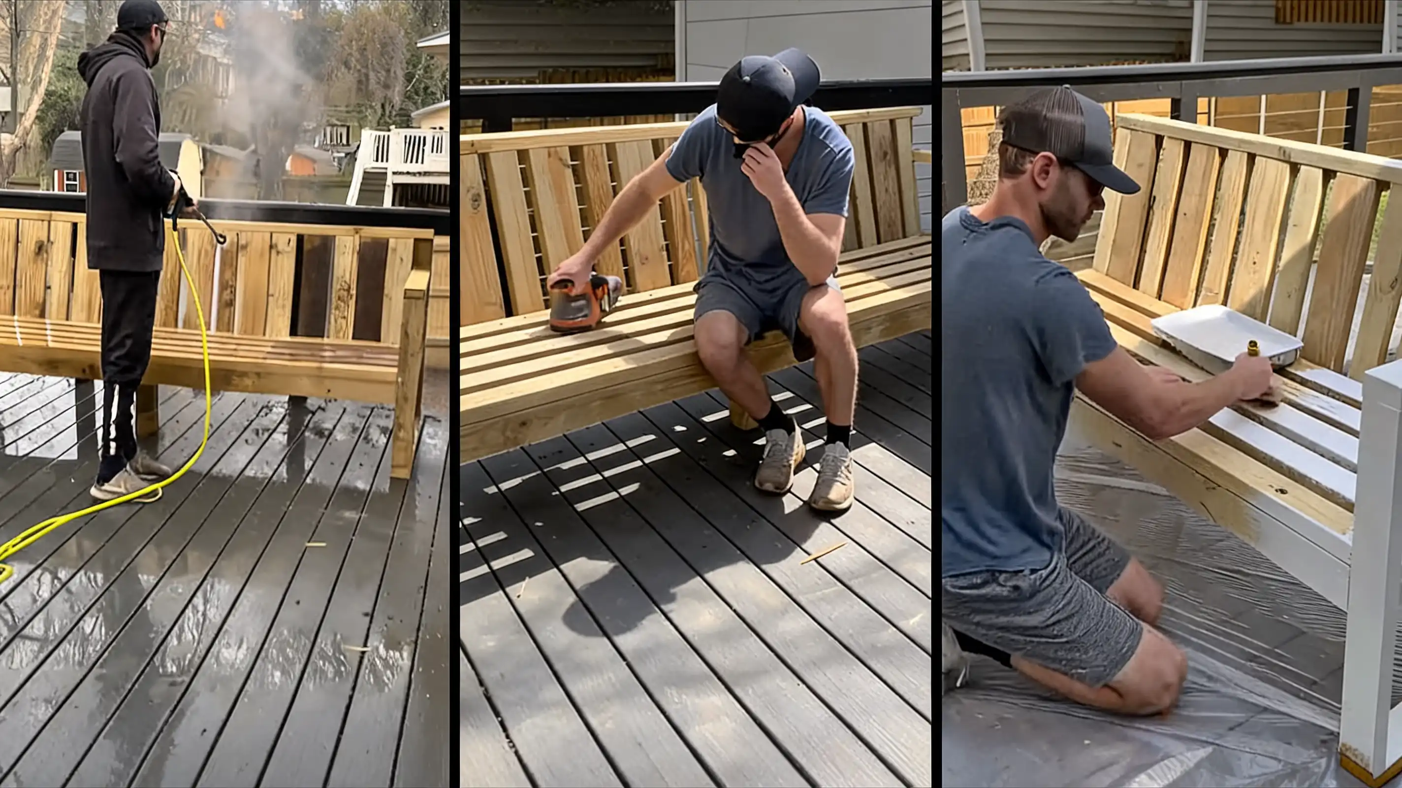 person sanding an outdoor sectional frame