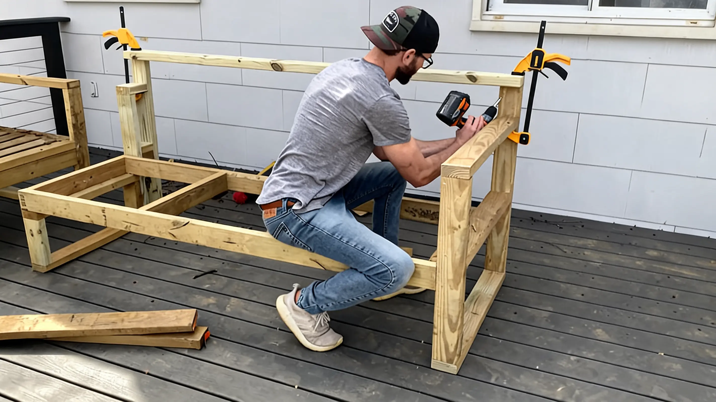 person drilling a smaller L-shaped outdoor sectional frame with clamps holding the arm support in place