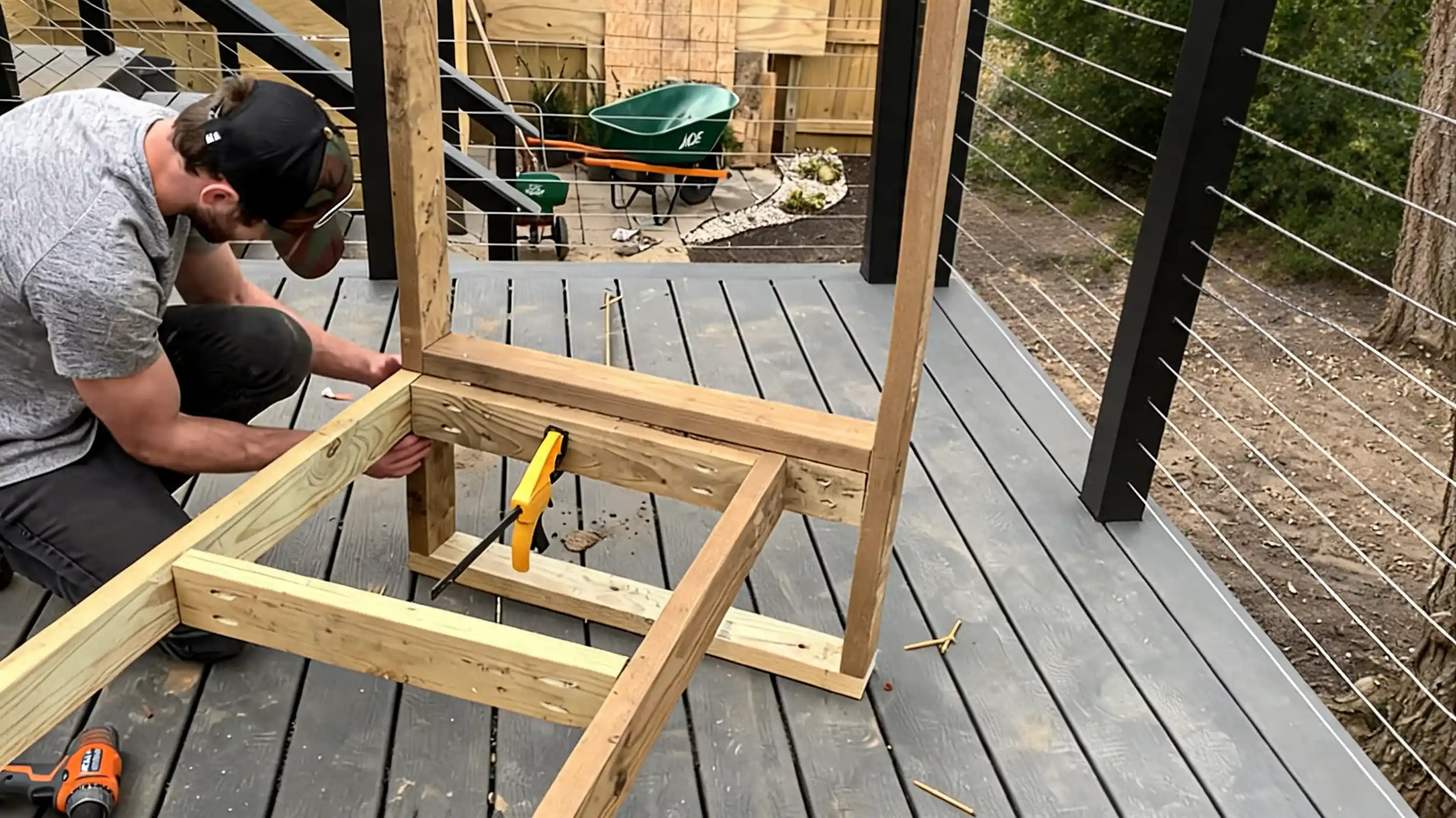 person attaching an arm frame to a wooden outdoor sectional on a deck with a build diagram overlay