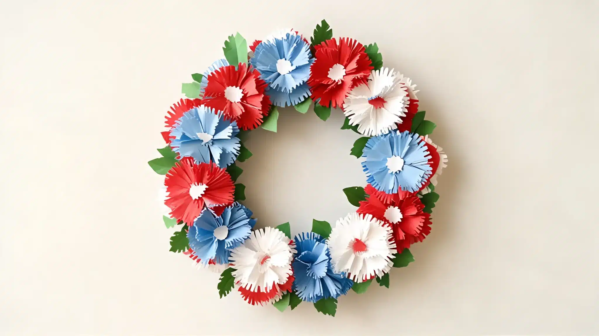 diy paper flower wreath in red white and blue with layered handmade blooms