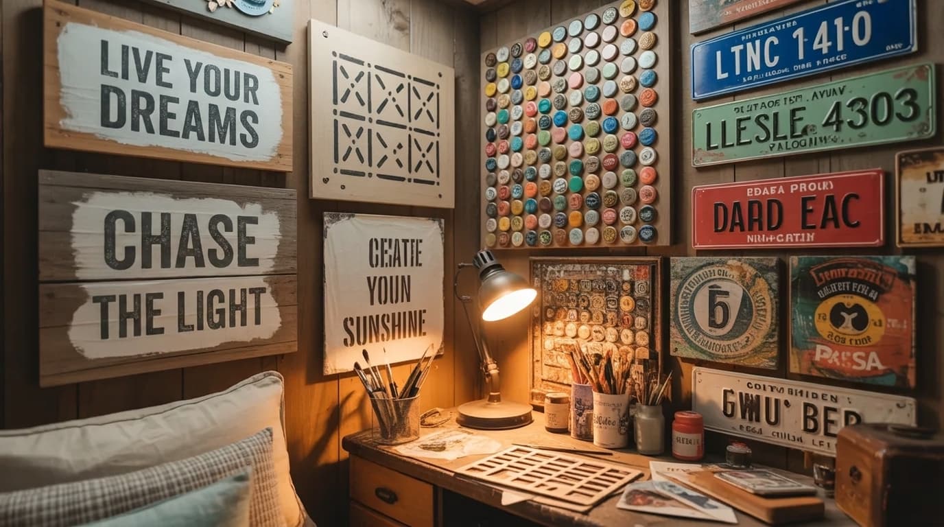diy wall art with stencil quotes, painted canvas, and collage made from bottle caps and old license plates