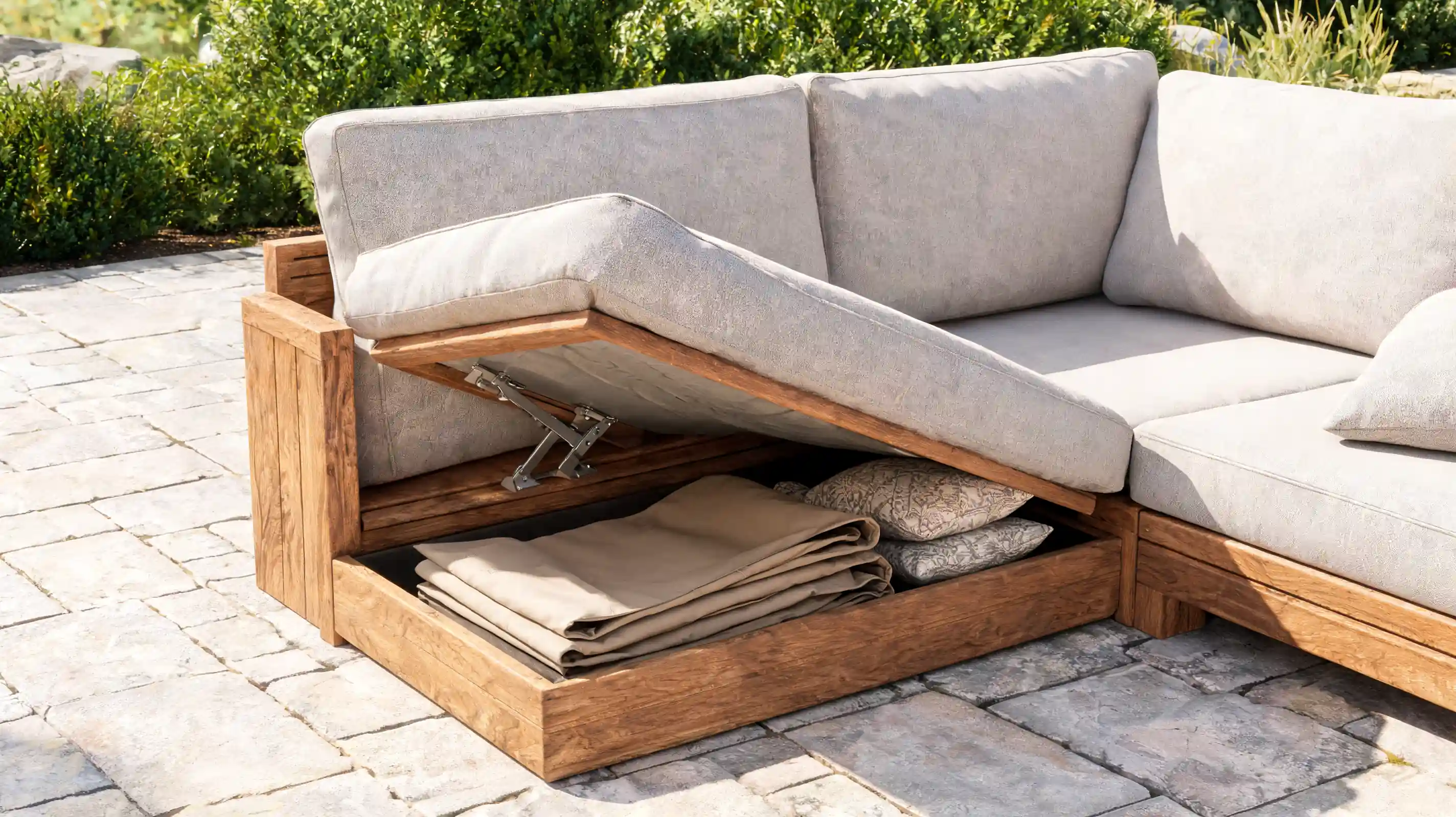 wooden outdoor sectional with built-in storage under the seat for cushions and covers