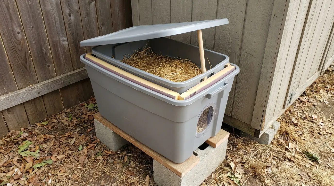 double plastic bin outdoor cat house with foam insulation straw bedding small entrance door flap raised base and removable lid for easy cleaning