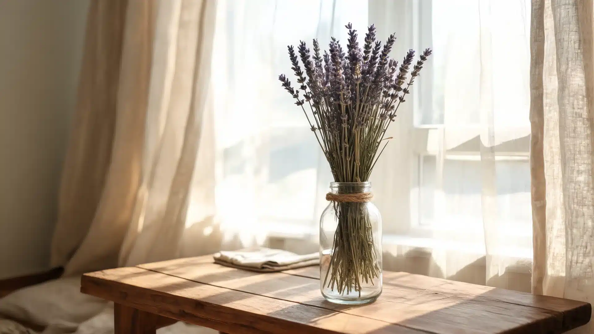 dried lavender bouquet standing in glass vase beside softly lit window