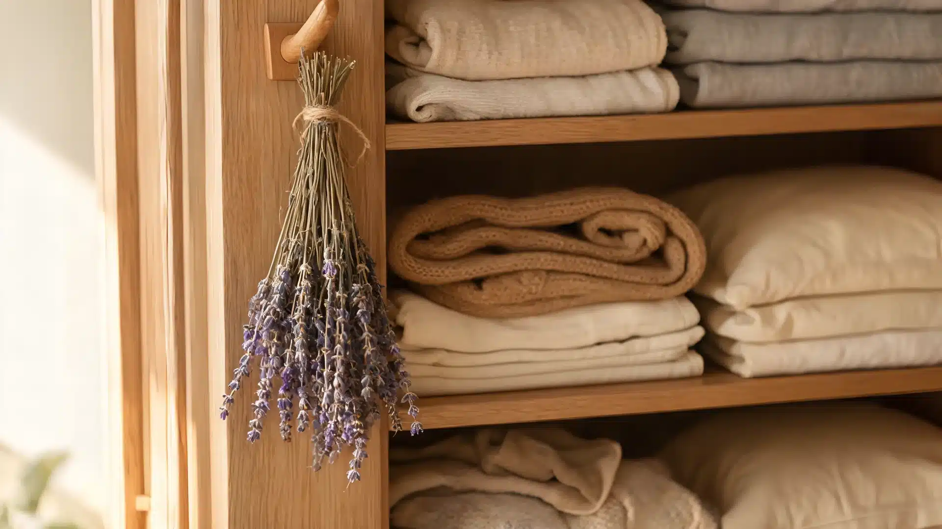 dried lavender bundle hanging beside folded towels inside cozy linen closet