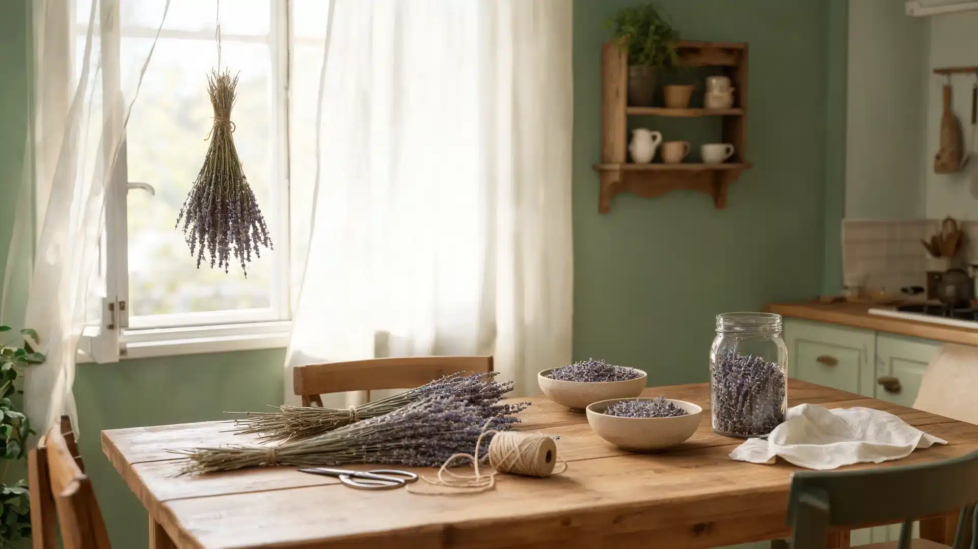 dried lavender bundles and buds arranged on rustic table inside cozy kitchen