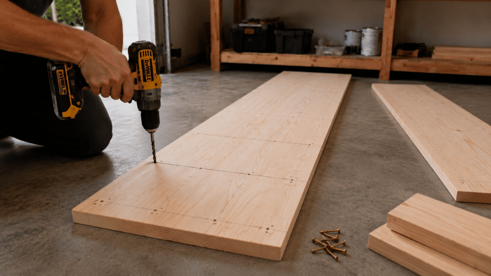drilling pilot holes in a pine side panel before assembling the bookshelf