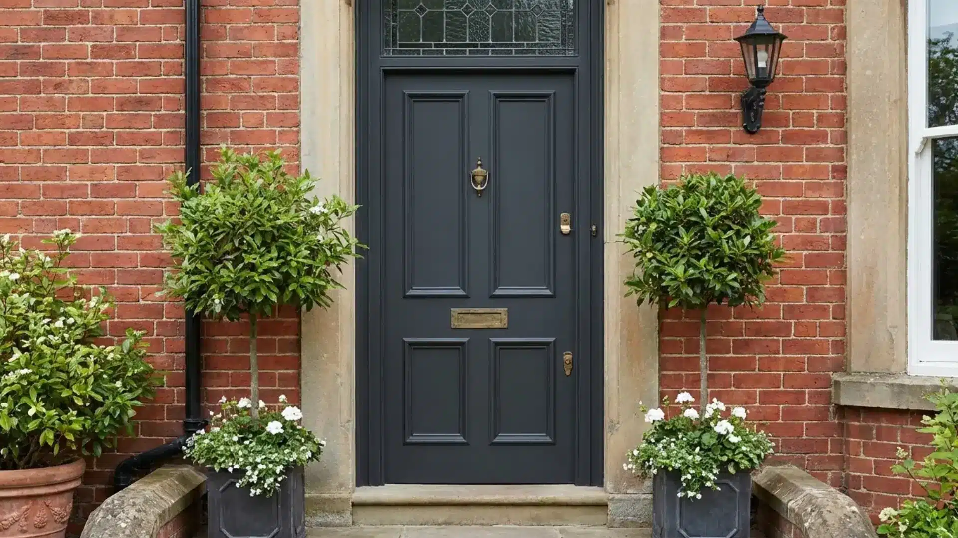 elegant dark charcoal front door with brass hardware against a red brick house featuring inkwell on the front door