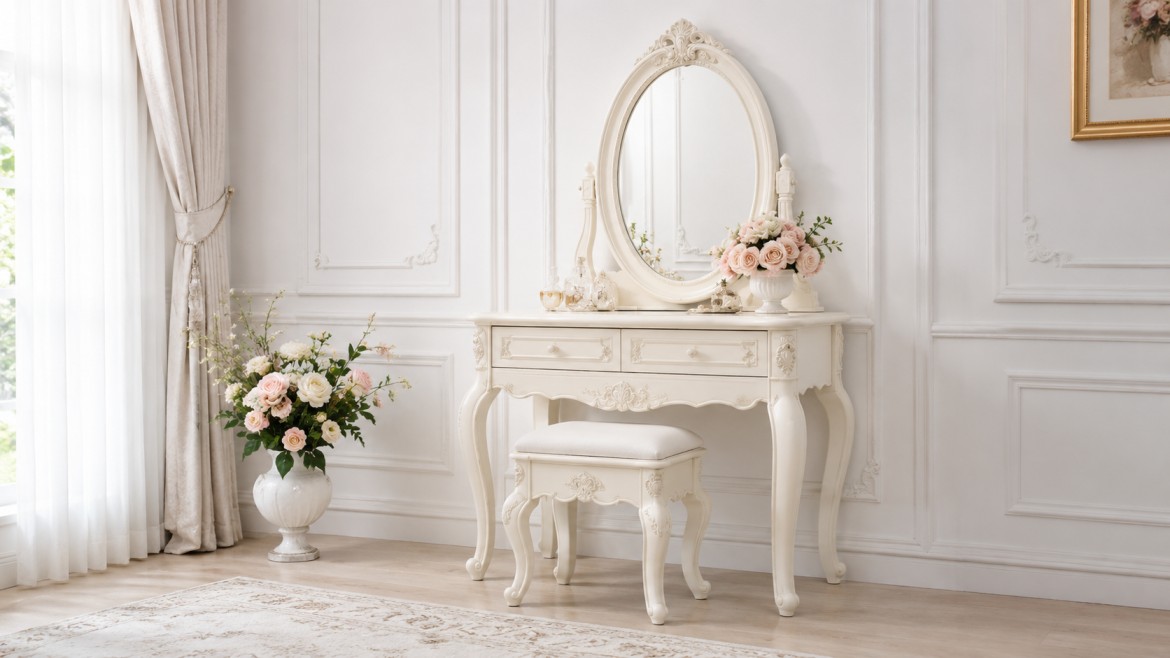 Elegant dressing table set with ornate mirror in a classic white room. Features a cushioned stool