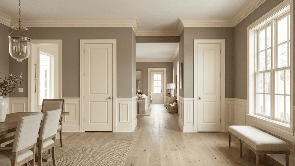 elegant hallway with creamy painted trim and doors contrasting against warm taupe walls and wood floors