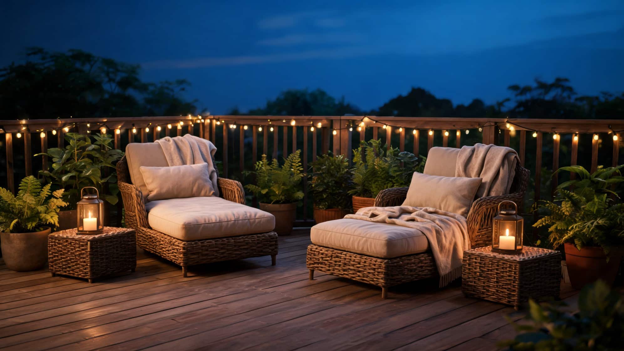 Evening deck lounge with wicker chairs, side tables, and lanterns