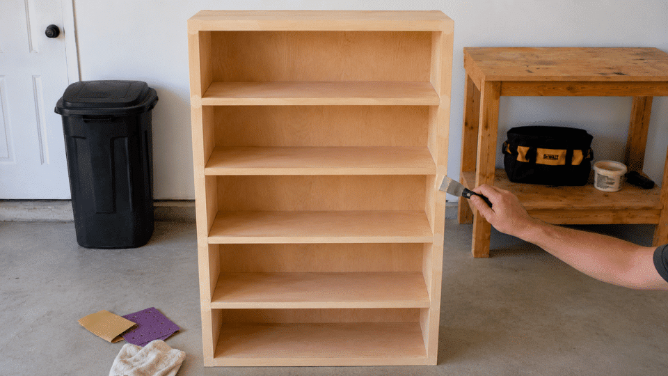 filling sanding and priming the assembled wooden bookshelf
