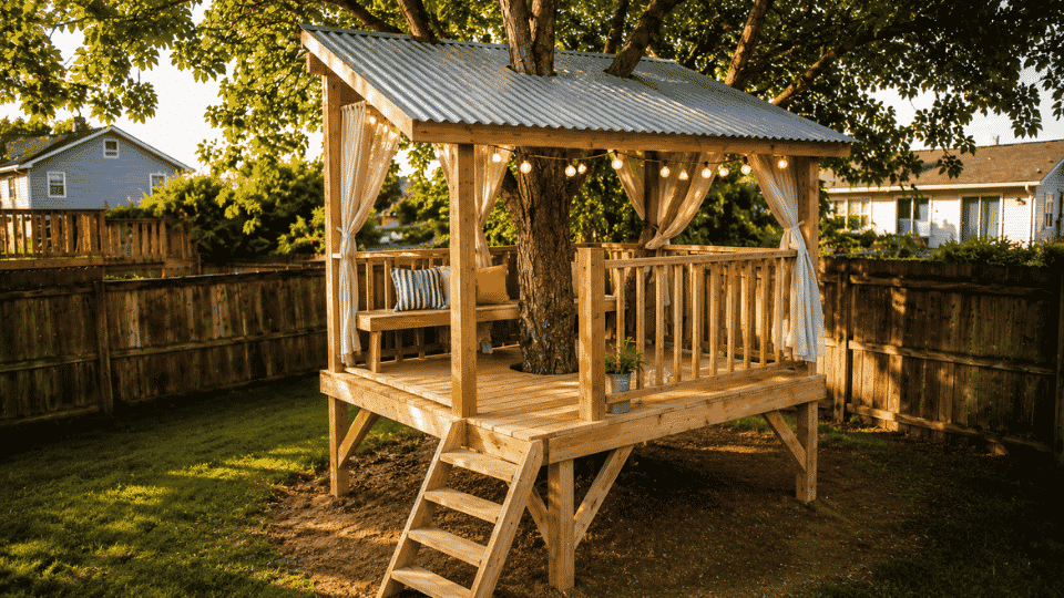 finished backyard kids treehouse with sloped roof ladder railings and simple cozy details